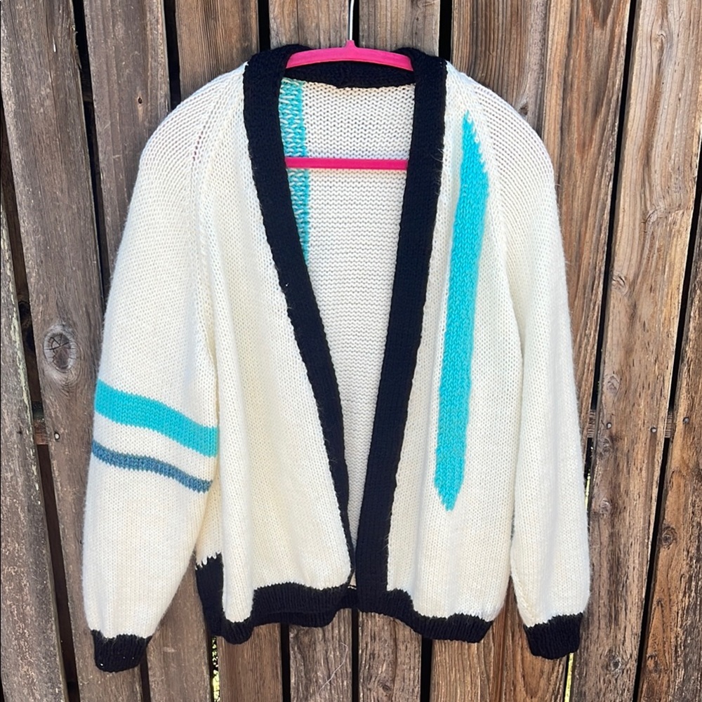 Handmade XL Cardigan White Blue Women's Knit Sweater Varsity Open Front Aqua